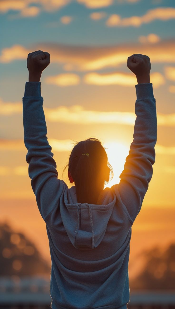 Mujer celebrando su libertad al amanecer, brazos en alto frente al sol